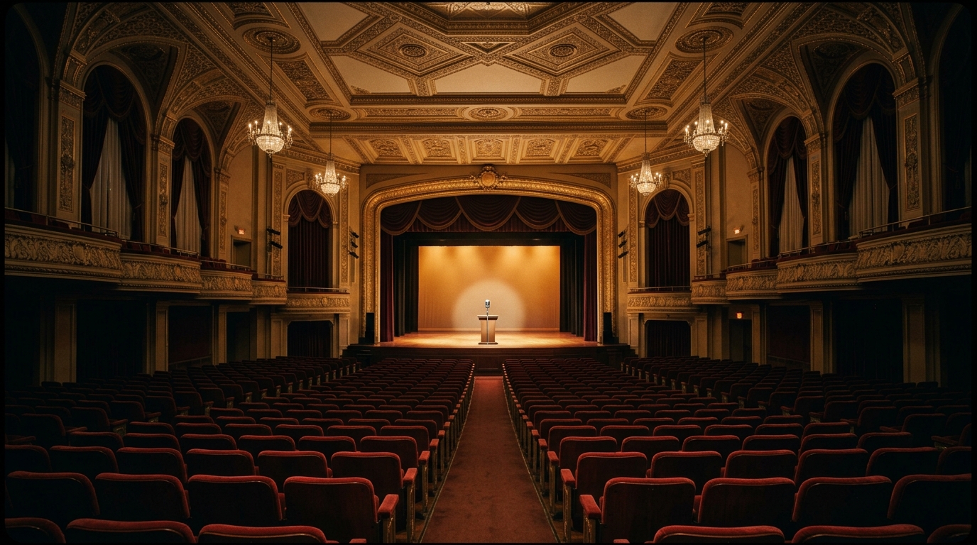 Empty awards ceremony stage under dramatic lighting