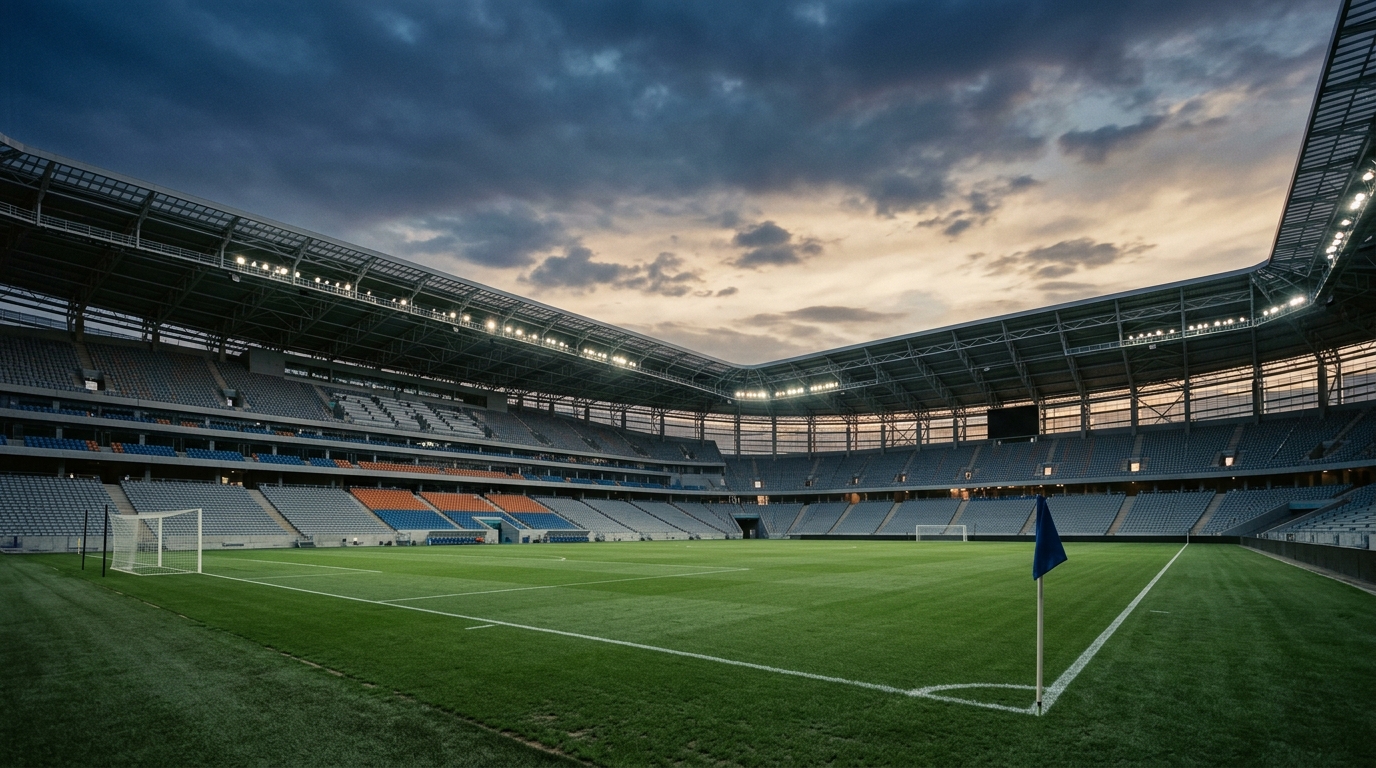 An empty stadium at dusk before kickoff